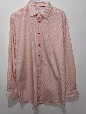 ETON Salmon Pink and White Checkered Dress Shirt Size 17/43
